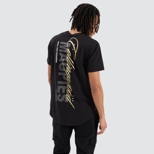 model wears Collingwood Magpies AFL Dual Curved Tee Jet Black T-Shirts Black - image 4