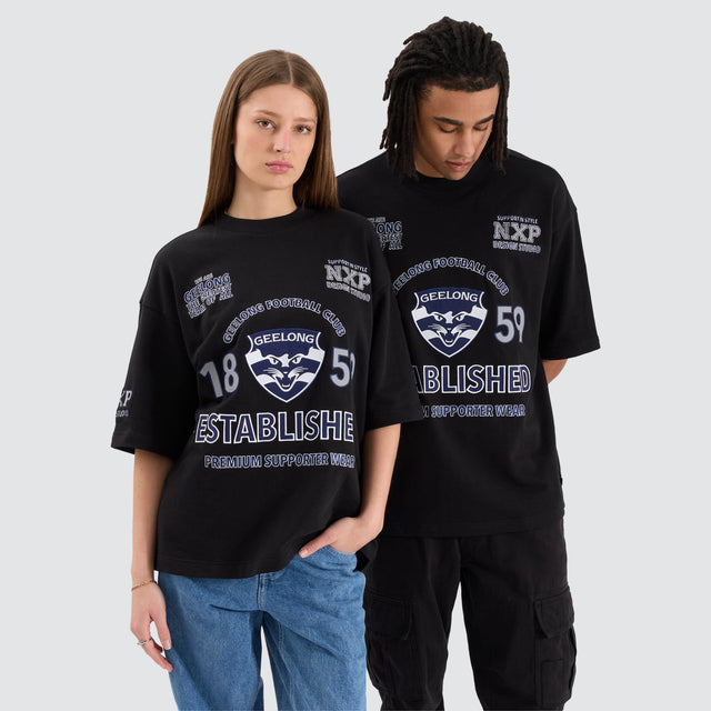 model wears Geelong Cats AFL Mega Loopback Tee Jet Black T-Shirts Black - image 2