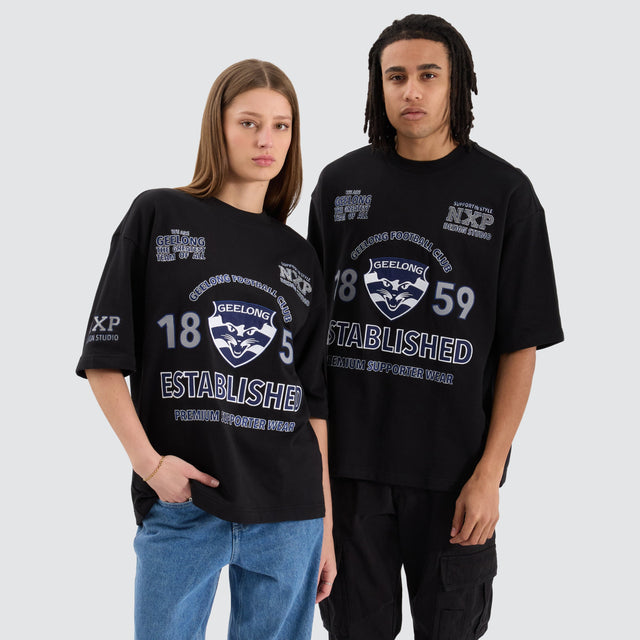 model wears Geelong Cats AFL Mega Loopback Tee Jet Black T-Shirts Black - image 7
