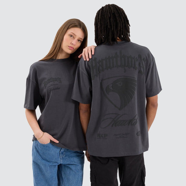 model wears Hawthorn Hawks AFL Heavy Raptor Tee Asphalt T-Shirts Grey - image 2