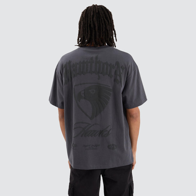 model wears Hawthorn Hawks AFL Heavy Raptor Tee Asphalt T-Shirts Grey - image 3