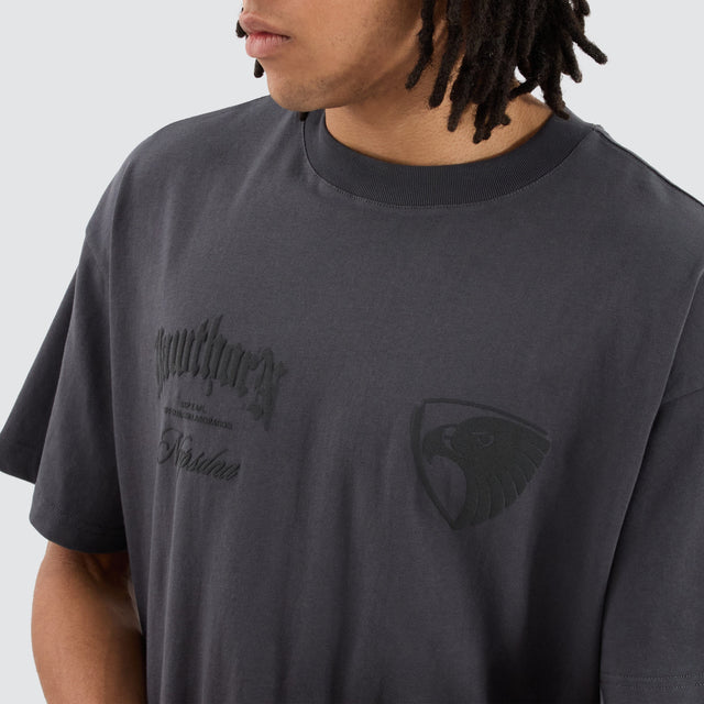 model wears Hawthorn Hawks AFL Heavy Raptor Tee Asphalt T-Shirts Grey - image 4