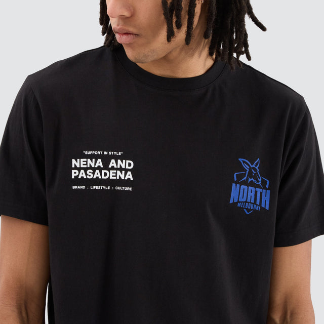 model wears North Melbourne Kangaroos AFL Dual Curved Tee Jet Black T-Shirts Black - image 3