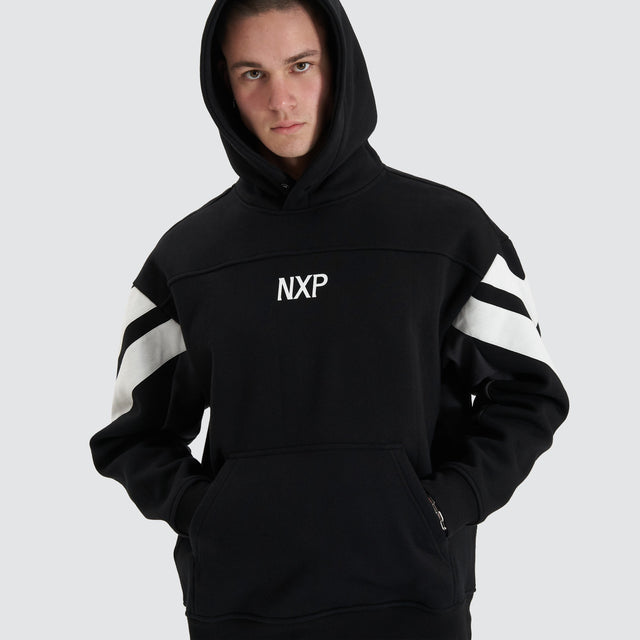 model wears Atrium Heavy Box Fit Hoodie Jet Black Jumpers Black - image 3
