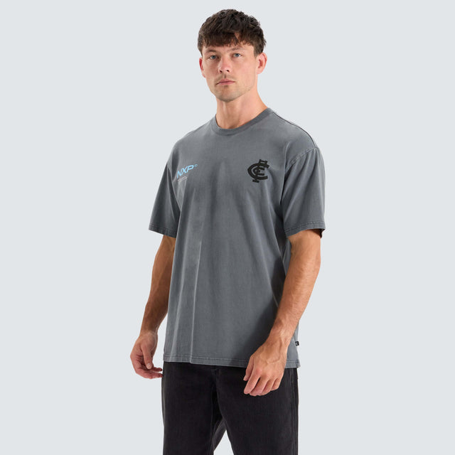 model wears Carlton Blues AFL Box Fit Tee Pigment Charcoal T-Shirts Grey - image 2