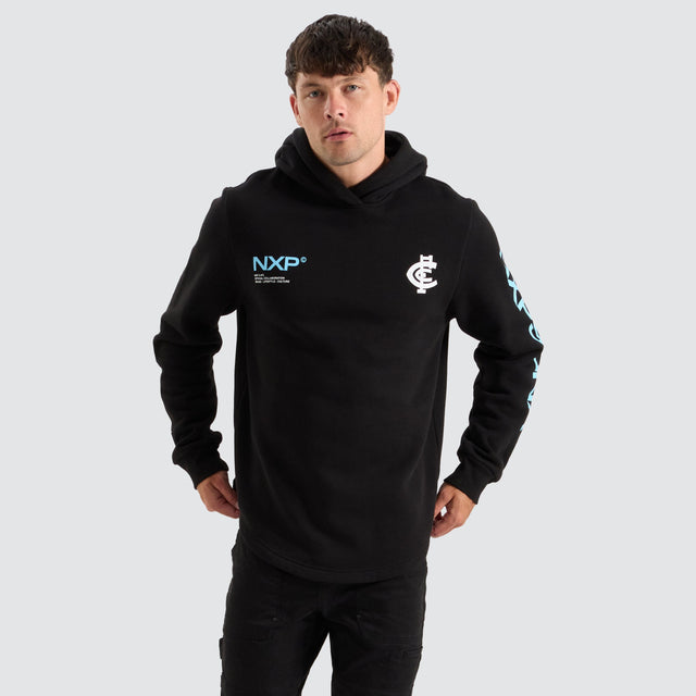 model wears Carlton Blues AFL Dual Curved Hoodie Jet Black Hoodies Black - image 2