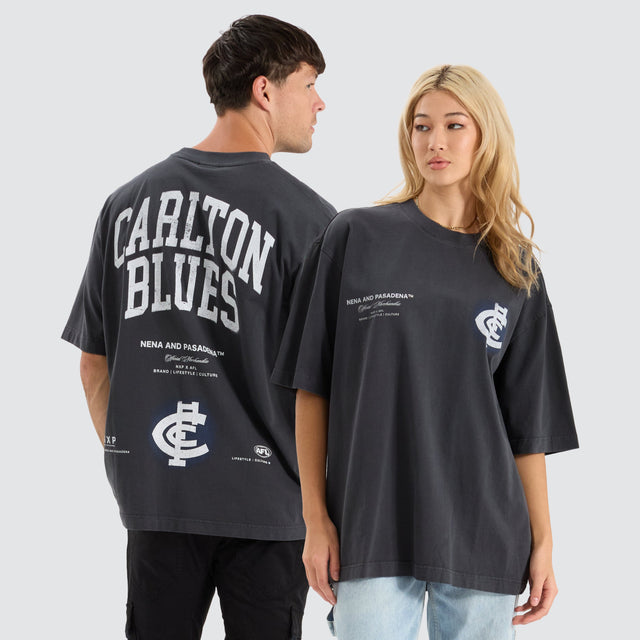 model wears Carlton Blues AFL Oversized Tee Pigment Black T-Shirts Black - image 1