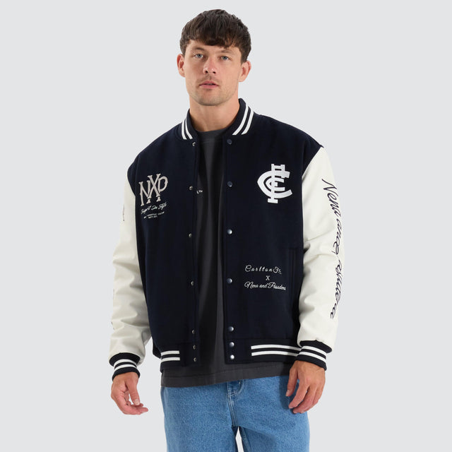 model wears Carlton Blues AFL Varsity Jacket Navy Jackets Blue - image 1