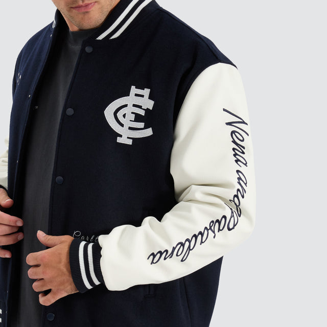 model wears Carlton Blues AFL Varsity Jacket Navy Jackets Blue - image 6