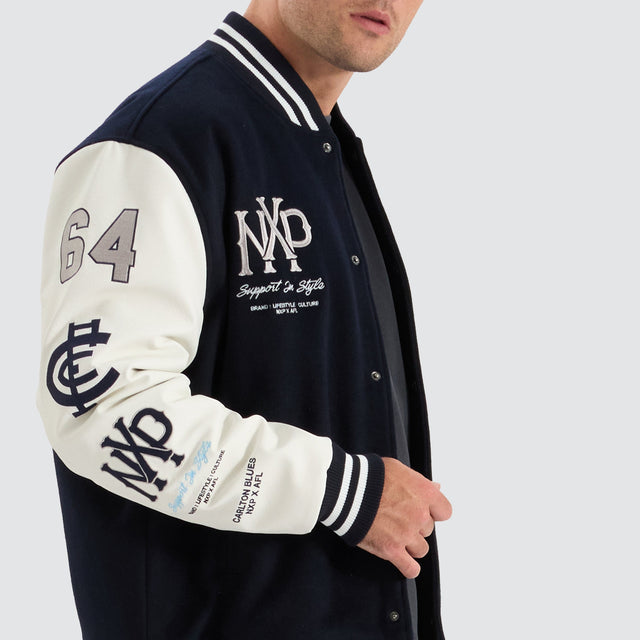 model wears Carlton Blues AFL Varsity Jacket Navy Jackets Blue - image 2
