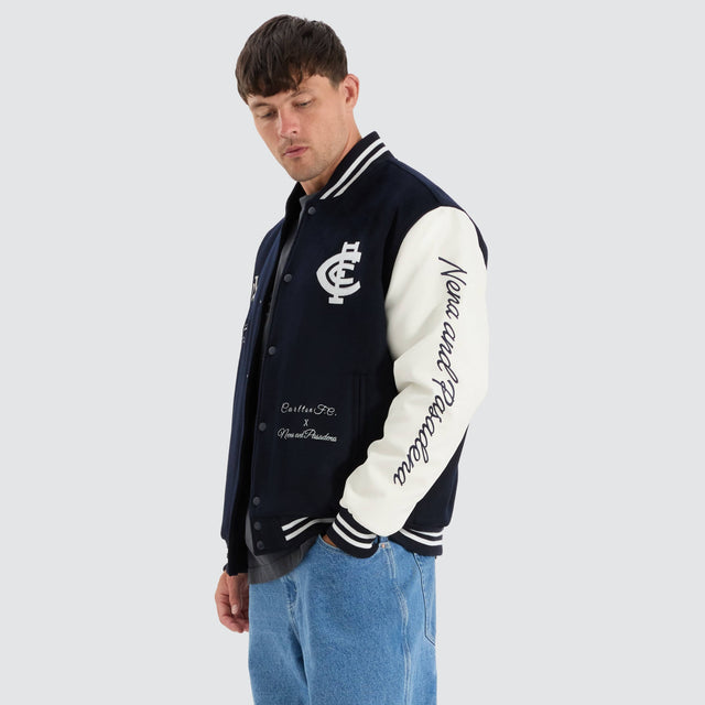 model wears Carlton Blues AFL Varsity Jacket Navy Jackets Blue - image 3