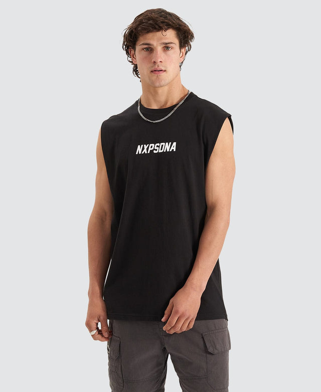 model wears Cautionary Muscle Jet Black Muscle Tees Black - image 2