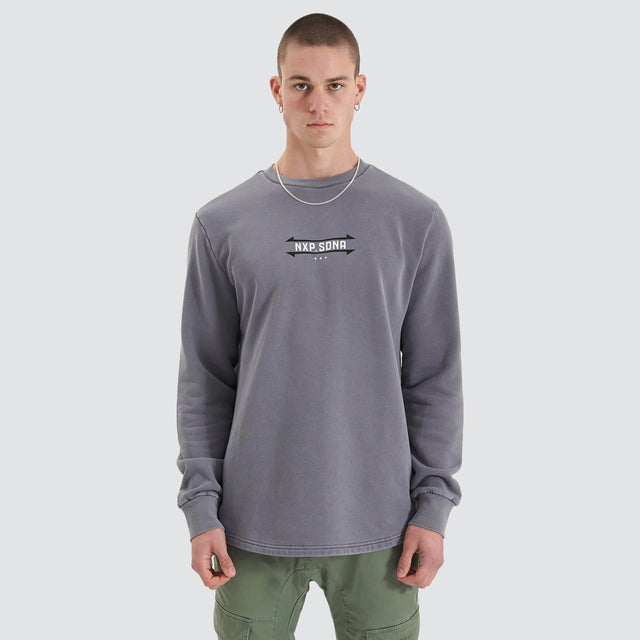model wears Chambers Dual Curved Sweater Pigment Steel Grey Jumpers Grey - image 2