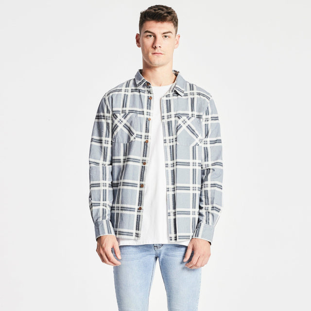 model wears Charge Casual Long Sleeve Shirt Blue/Sand/White Check Long Sleeve Shirts Blue - image 2