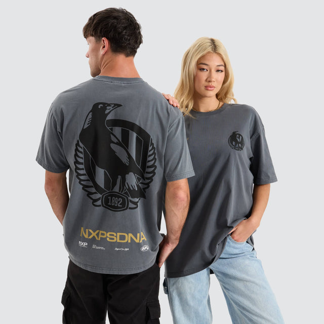 model wears Collingwood Magpies AFL Box Fit Tee Pigment Charcoal T-Shirts Grey - image 1