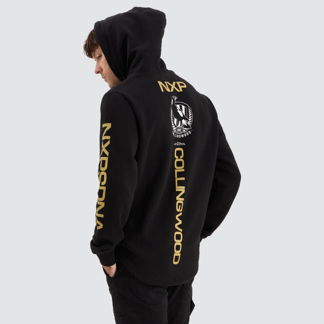 model wears Collingwood Magpies AFL Dual Curved Hoodie Jet Black Hoodies Black - image 1