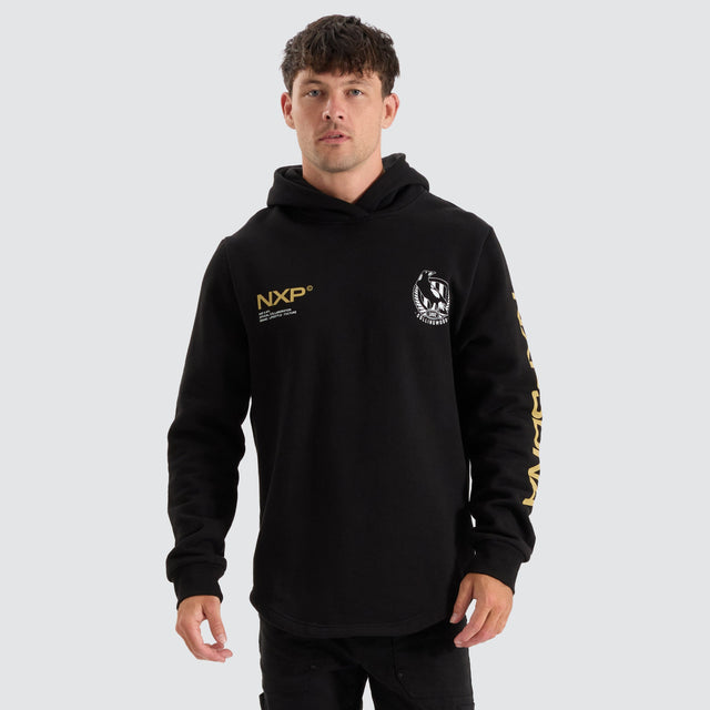 model wears Collingwood Magpies AFL Dual Curved Hoodie Jet Black Hoodies Black - image 2