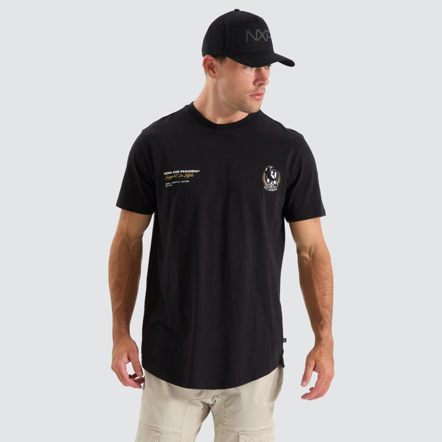 model wears Collingwood Magpies AFL Dual Curved Tee Jet Black T-Shirts Black - image 2