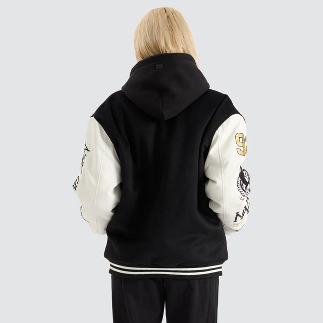 model wears Collingwood Magpies AFL Varsity Jacket Jet Black Jackets Black - image 5