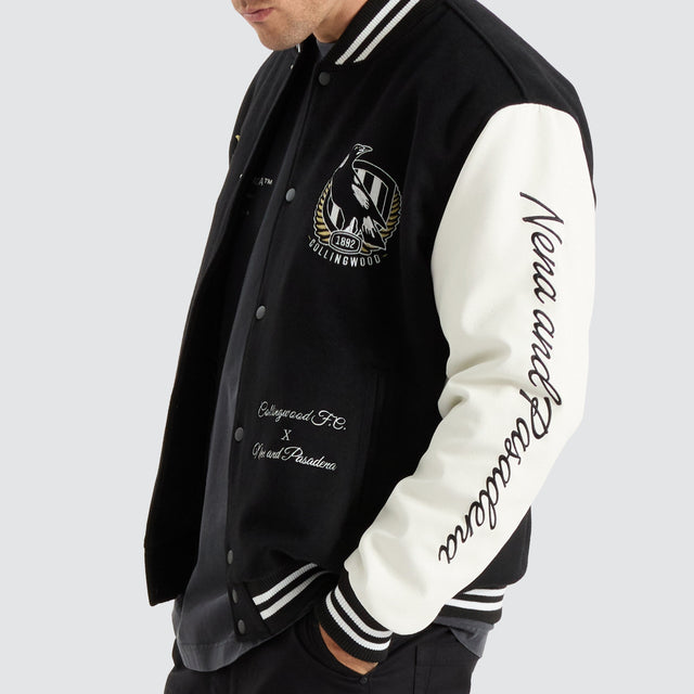model wears Collingwood Magpies AFL Varsity Jacket Jet Black Jackets Black - image 2