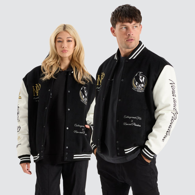 model wears Collingwood Magpies AFL Varsity Jacket Jet Black Jackets Black - image 3