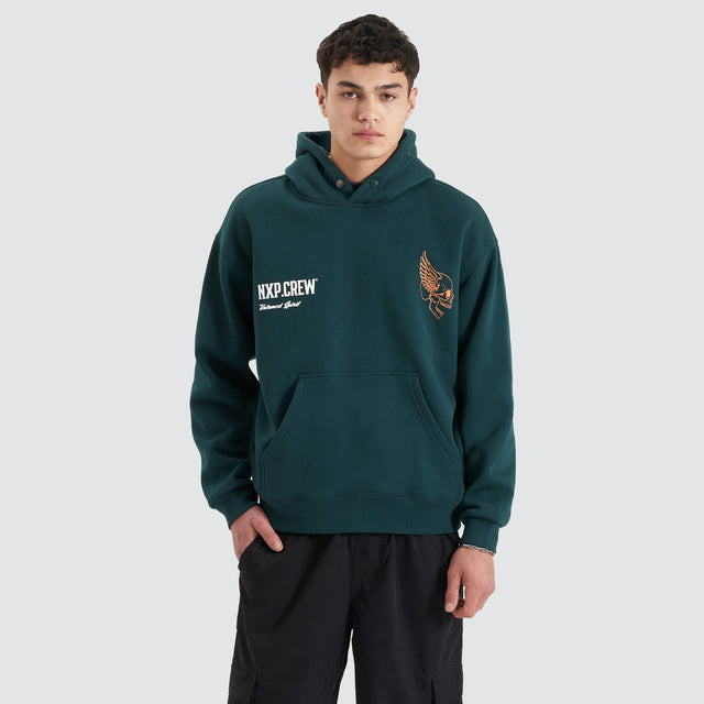 model wears Corbusian Heavy Box Fit Hoodie Bull Pine Hoodies Green - image 2