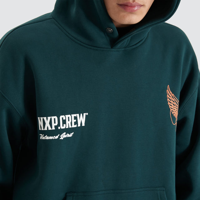 model wears Corbusian Heavy Box Fit Hoodie Bull Pine Hoodies Green - image 6