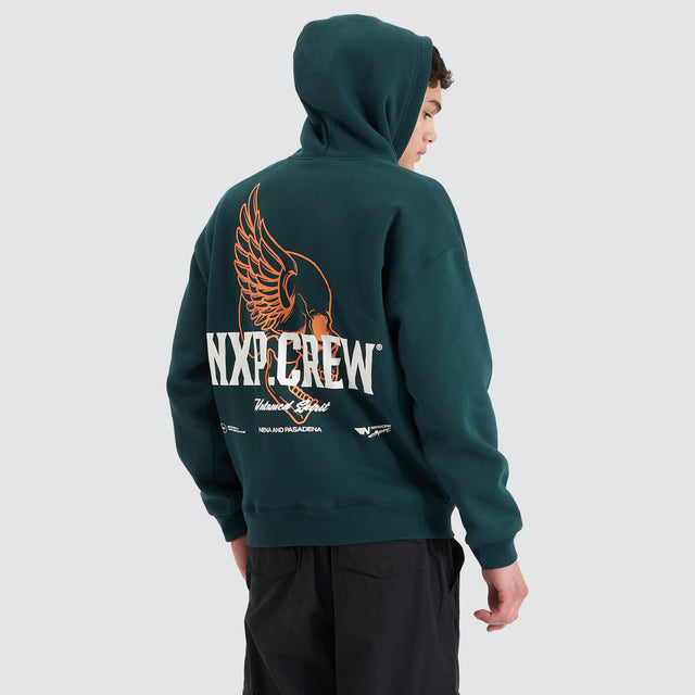 model wears Corbusian Heavy Box Fit Hoodie Bull Pine Hoodies Green - image 1