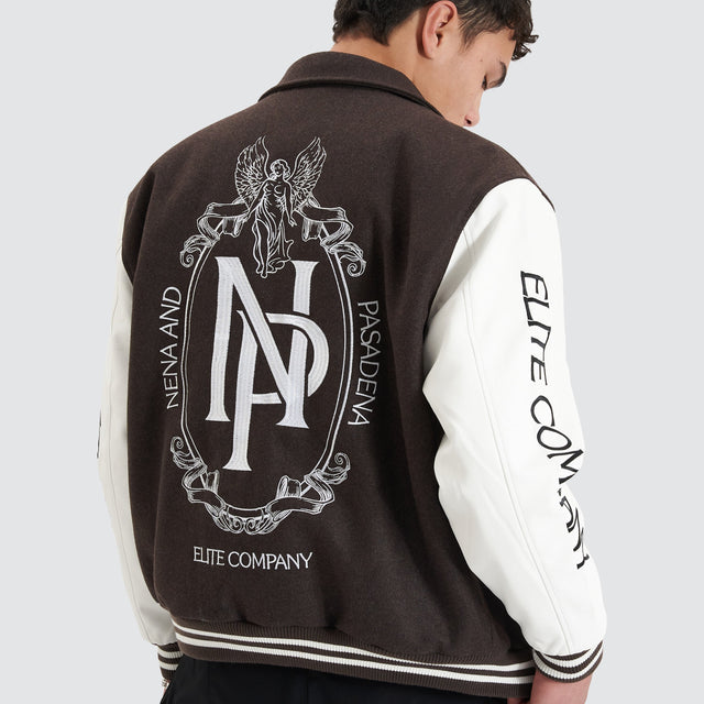 model wears Facade Varsity Jacket After Dark Jackets Brown - image 1