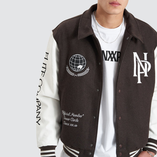 model wears Facade Varsity Jacket After Dark Jackets Brown - image 5