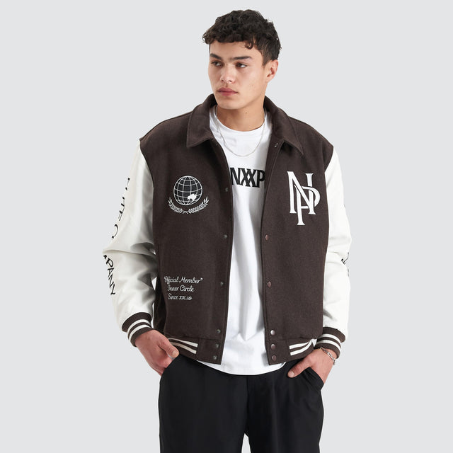 model wears Facade Varsity Jacket After Dark Jackets Brown - image 2