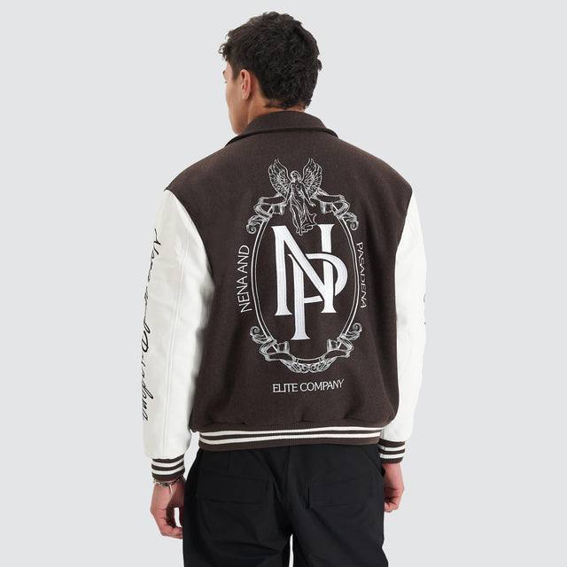 model wears Facade Varsity Jacket After Dark Jackets Brown - image 4