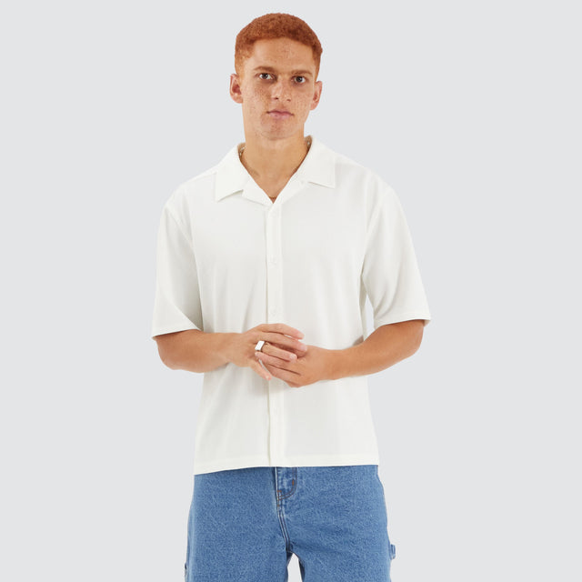 model wears Operator Box Cropped Resort Shirt Off White Short Sleeve Shirts Cream - image 1
