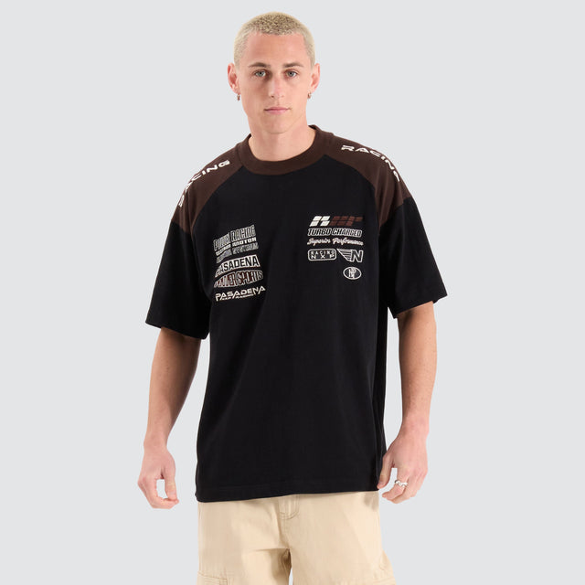 model wears Overtake Raptor Tee Jet Black / Chocolate Brown T-Shirts Black - image 1