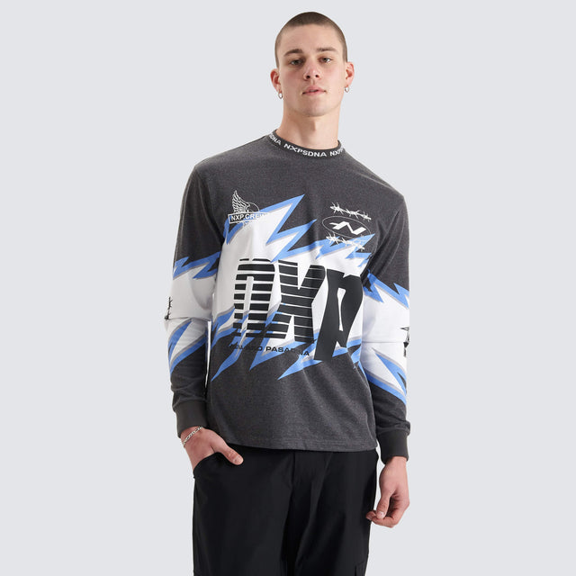 model wears Paradigm Heavy Relaxed Longsleeve Tee Moto Print Longsleeve T-Shirts Grey - image 1