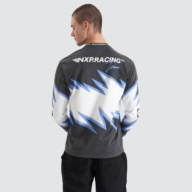 model wears Paradigm Heavy Relaxed Longsleeve Tee Moto Print Longsleeve T-Shirts Grey - image 3