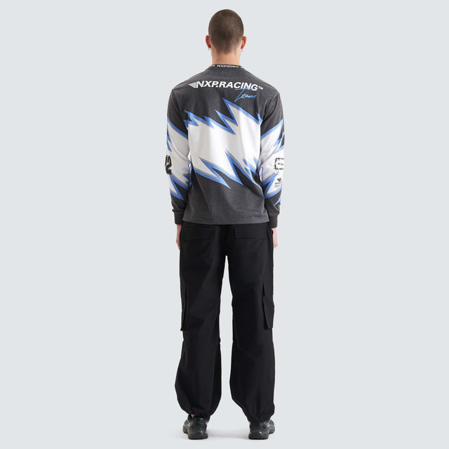 model wears Paradigm Heavy Relaxed Longsleeve Tee Moto Print Longsleeve T-Shirts Grey - image 7