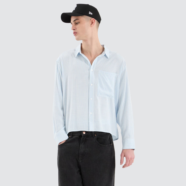 model wears Progress Cube Longsleeve Shirt Blue Pinstripe Shirts Blue - image 6