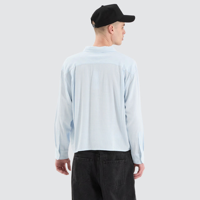 model wears Progress Cube Longsleeve Shirt Blue Pinstripe Shirts Blue - image 9