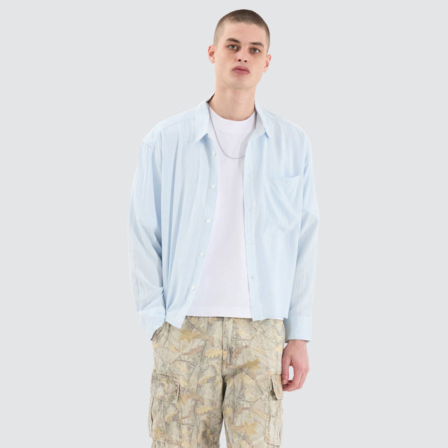 model wears Progress Cube Longsleeve Shirt Blue Pinstripe Shirts Blue - image 1