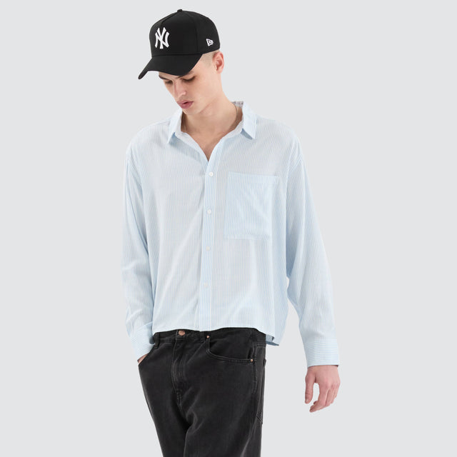 model wears Progress Cube Longsleeve Shirt Blue Pinstripe Shirts Blue - image 8
