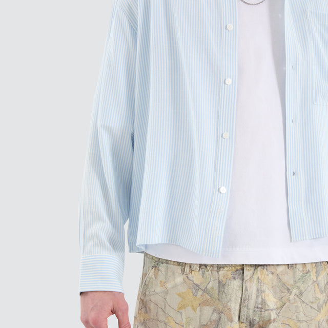 model wears Progress Cube Longsleeve Shirt Blue Pinstripe Shirts Blue - image 3
