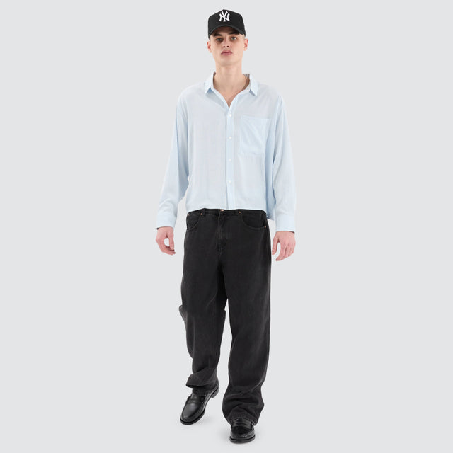 model wears Progress Cube Longsleeve Shirt Blue Pinstripe Shirts Blue - image 7