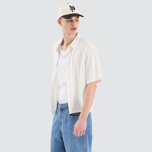 model wears Sequence Cube Shortsleeve Shirt Black Pinstripe Shirts Neutral - image 7