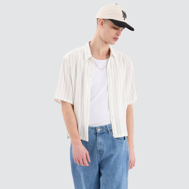 model wears Sequence Cube Shortsleeve Shirt Black Pinstripe Shirts Neutral - image 6