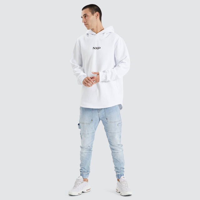 model wears Styche Dual Curved Hoodie Optical White Hoodies White - image 4