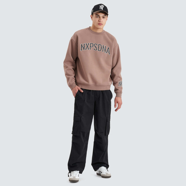 model wears Vault Heavy Box Fit Sweater Bark Jumpers Tan - image 4