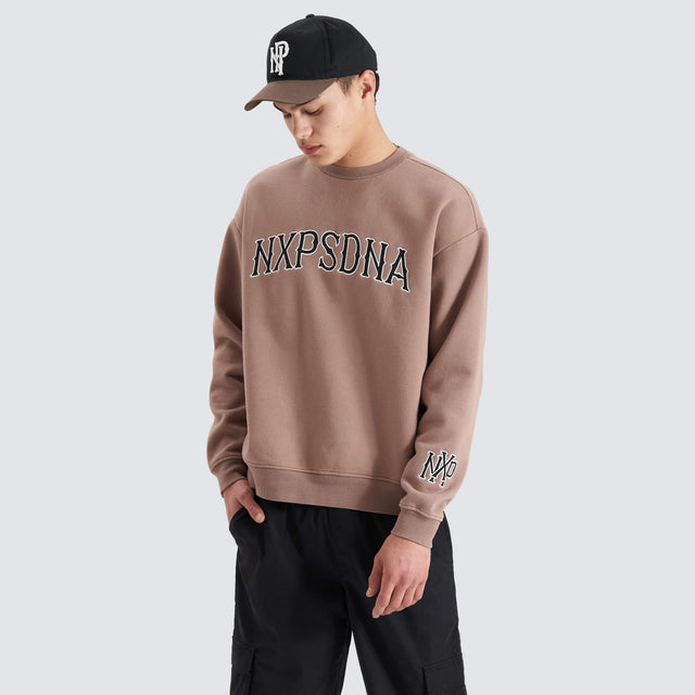 model wears Vault Heavy Box Fit Sweater Bark Jumpers Tan - image 3
