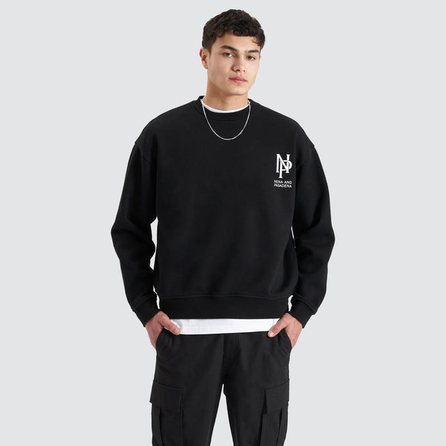 model wears Wright Heavy Box Fit Sweater Jet Black Jumpers Black - image 3