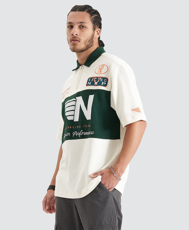 model wears Resistance Oversized Polo Tee Natural White T-Shirts White - image 4